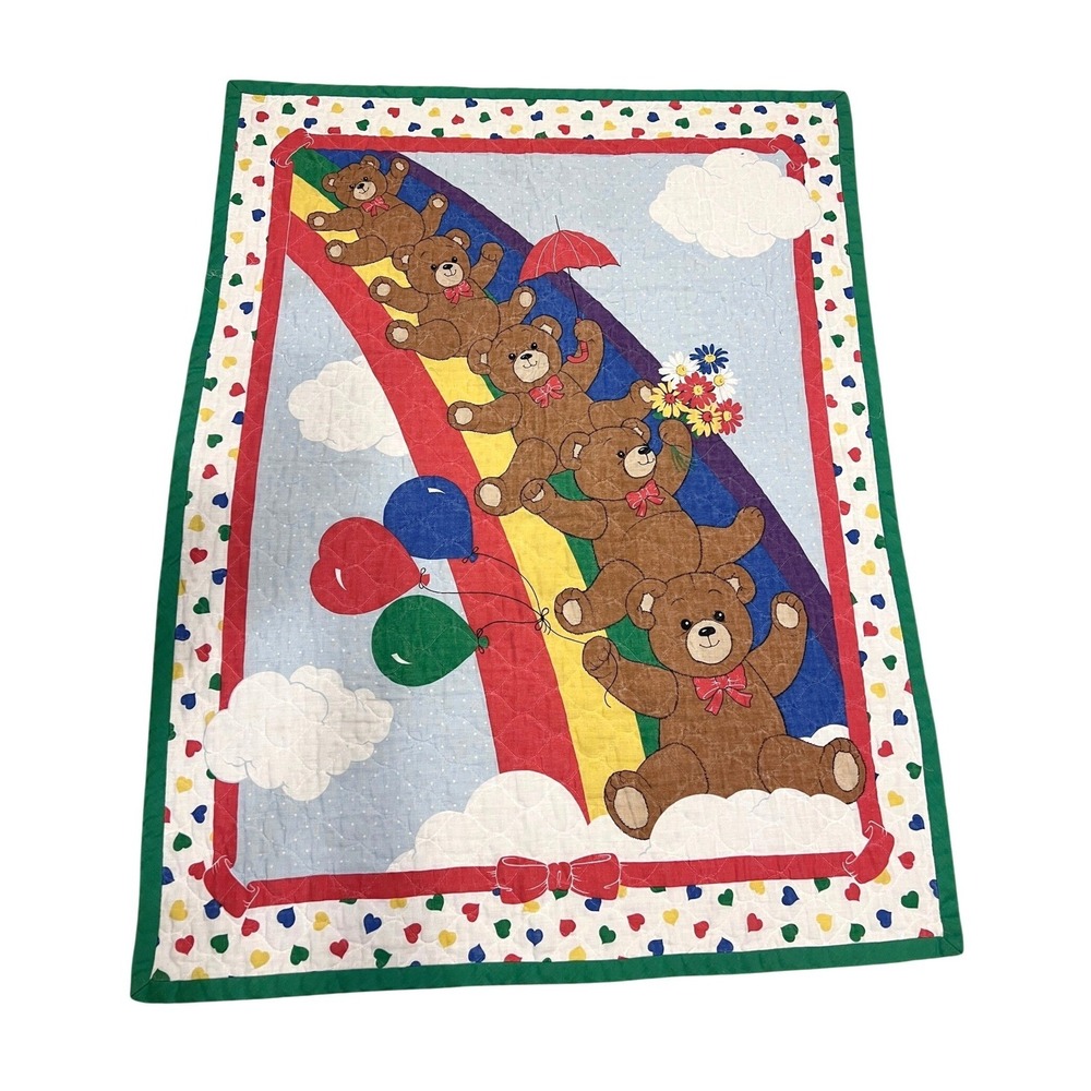 Vintage Baby Quilt Blanket Teddy Bear Rainbow Heart Print 80s 90s